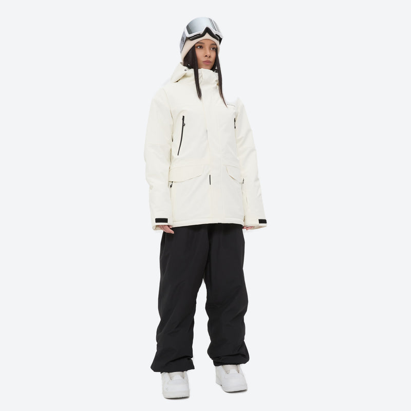 Breathable ski jacket with taped line details - white jacket with black pants, for cold-weather winter sports