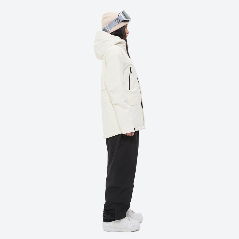 Unisex 2-layer snowboard jacket and pants - white jacket with black pants, on-model side view, for skiing and snowboarding
