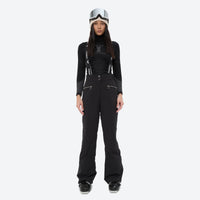 
                  
                    Women's breathable striped ski jacket with bibs - black bib pants with black top, for skiing and snowboarding
                  
                