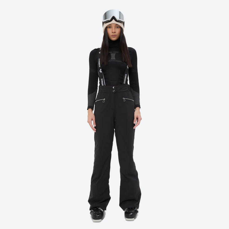 Women's breathable striped ski jacket with bibs - black bib pants with black top, for skiing and snowboarding