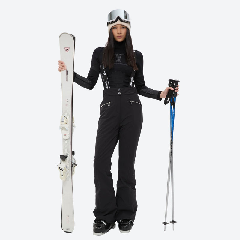 Women's 3-layer snowboard jacket and bib pants - black bib pants with black top, for resort and backcountry days