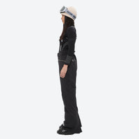 
                  
                    Women's breathable striped ski jacket with bibs - black bib pants with black top, for cold-weather winter sports
                  
                