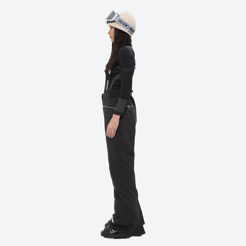 Women's breathable striped ski jacket with bibs - black bib pants with black top, for cold-weather winter sports