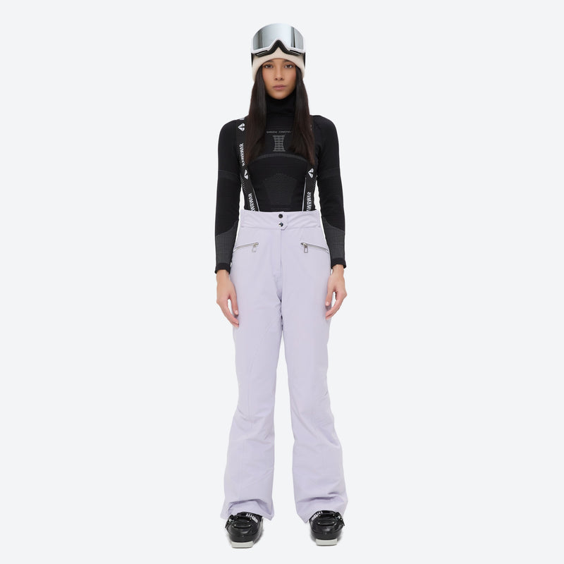 Women's 3-layer breathable ski suit - lavender snow pants, on-model front view, for snowy mountain travel