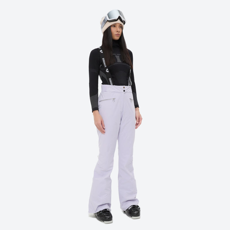Women's belted snow jacket with suspender pants - lavender snow pants, for resort and cross-country days