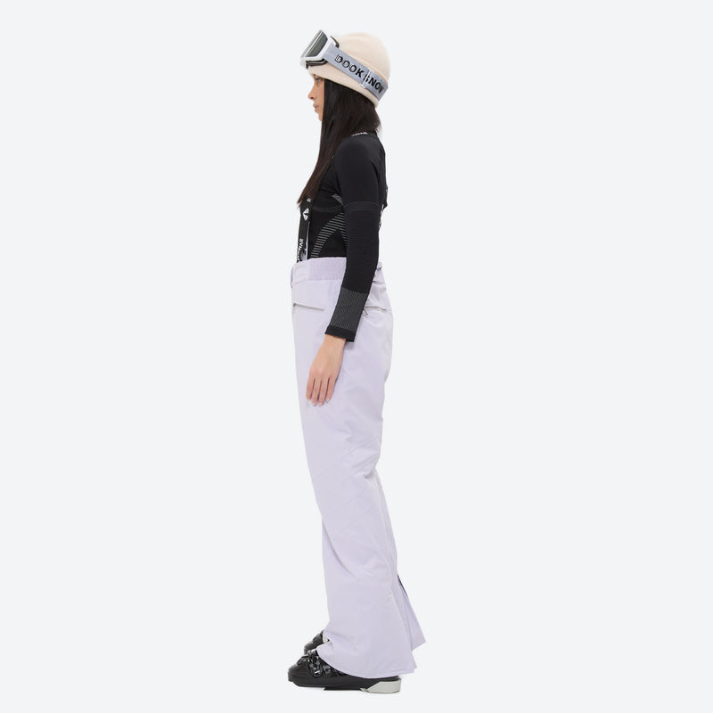 Women's waterproof 3L ski jacket and pants set - lavender snow pants, on-model side view, for snowy mountain travel