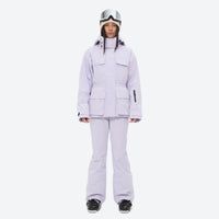 
                  
                    Women's belted snow jacket with suspender pants - lavender jacket with lavender pants, for skiing and snowboarding
                  
                
