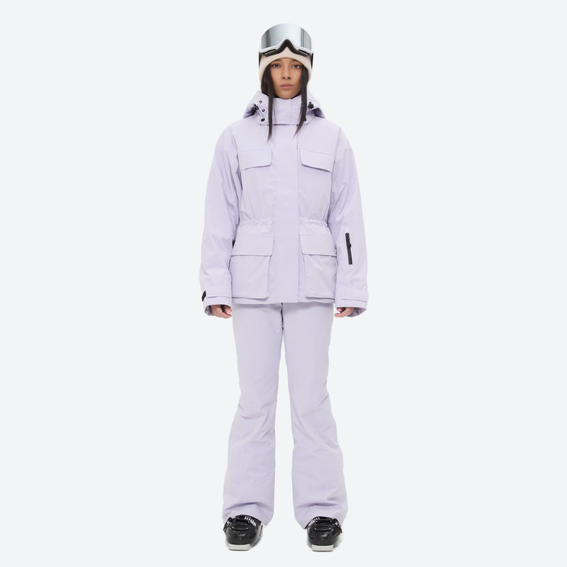 Women's belted snow jacket with suspender pants - lavender jacket with lavender pants, for skiing and snowboarding