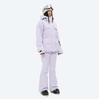 
                  
                    Women's belted snow jacket with suspender pants - lavender jacket with lavender pants, for snowy mountain travel
                  
                