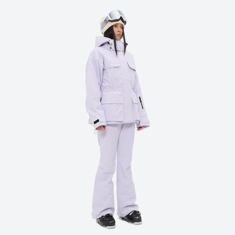 Women's belted snow jacket with suspender pants - lavender jacket with lavender pants, for snowy mountain travel