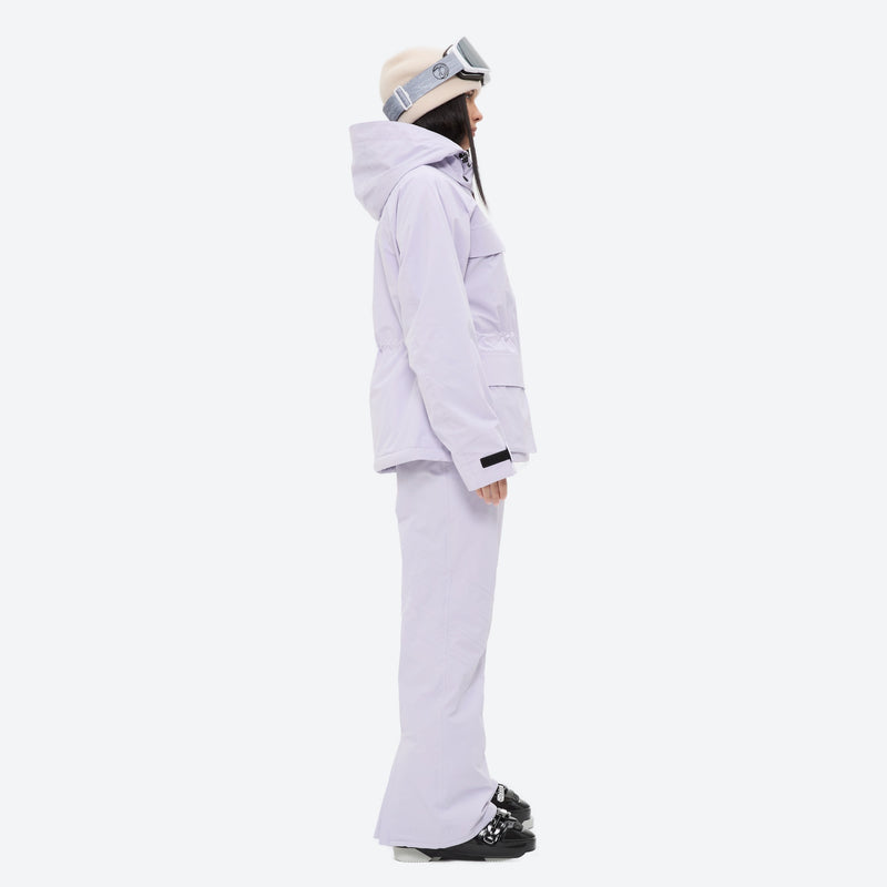 Women's 3-layer breathable ski suit - lavender jacket with lavender pants, on-model side view, for skiing and snowboarding