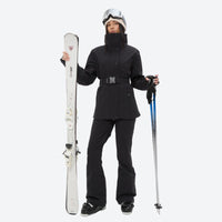 
                  
                    Women's waterproof 3L ski jacket and pants set - black, front with upright skis and poles, for skiing and snowboarding
                  
                