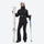 Women's waterproof 3L ski jacket and pants set - black, front with upright skis and poles, for skiing and snowboarding
