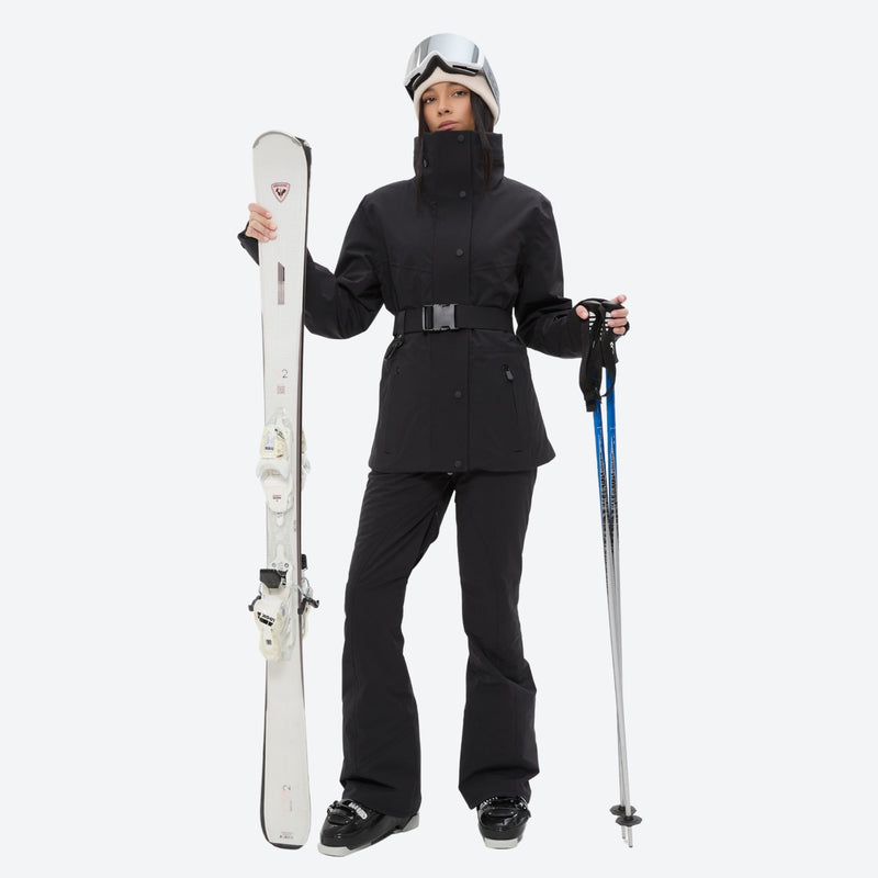 Women's waterproof 3L ski jacket and pants set - black, front with upright skis and poles, for skiing and snowboarding