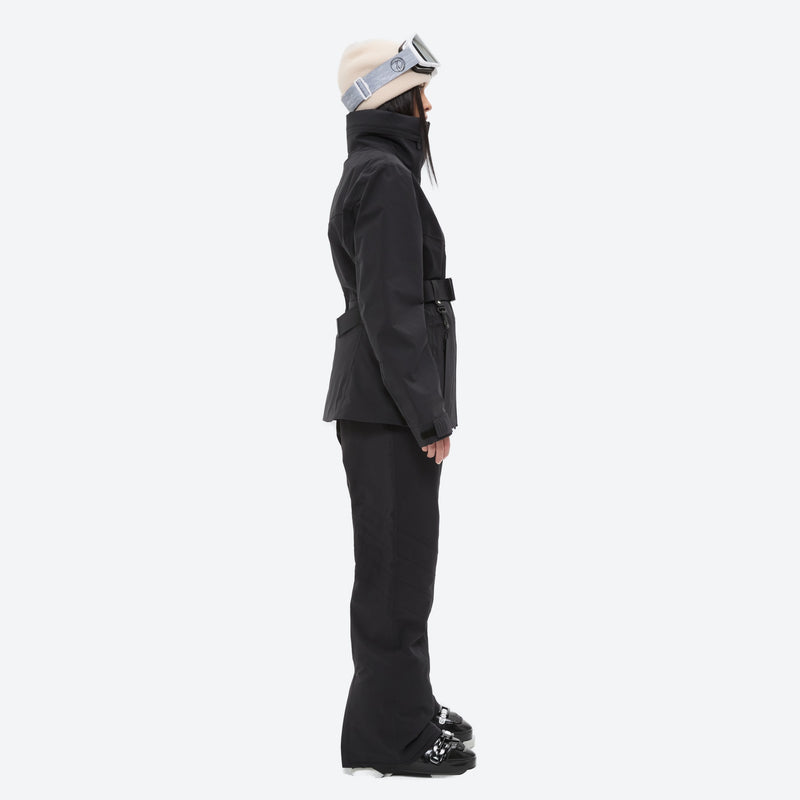 Women's belted snow jacket with suspender pants - black jacket with black pants, for skiing and snowboarding