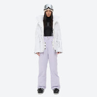 
                  
                    Women's 3-layer breathable ski suit - white jacket with lavender pants, for resort and cross-country days
                  
                