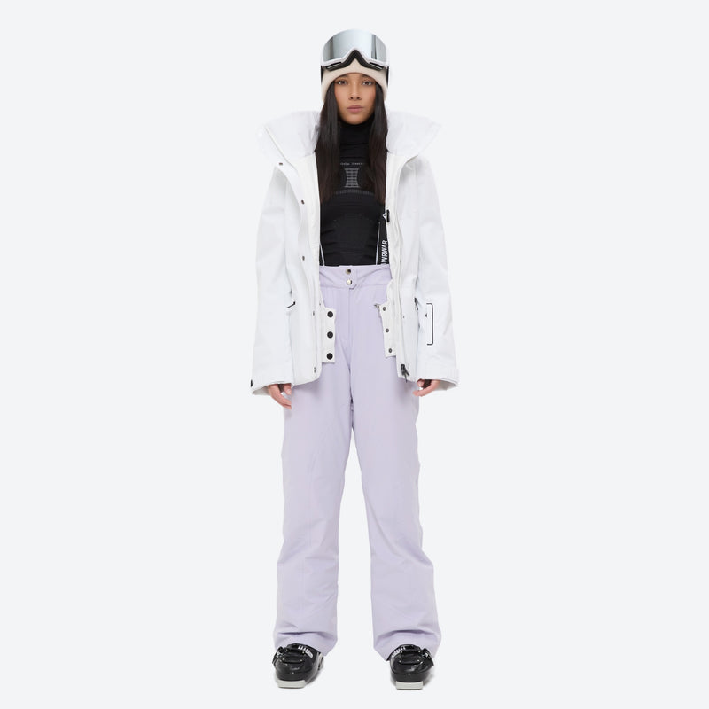 Women's 3-layer breathable ski suit - white jacket with lavender pants, for resort and cross-country days