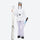 Women's belted snow jacket with suspender pants - white jacket with lavender pants, for skiing and snowboarding