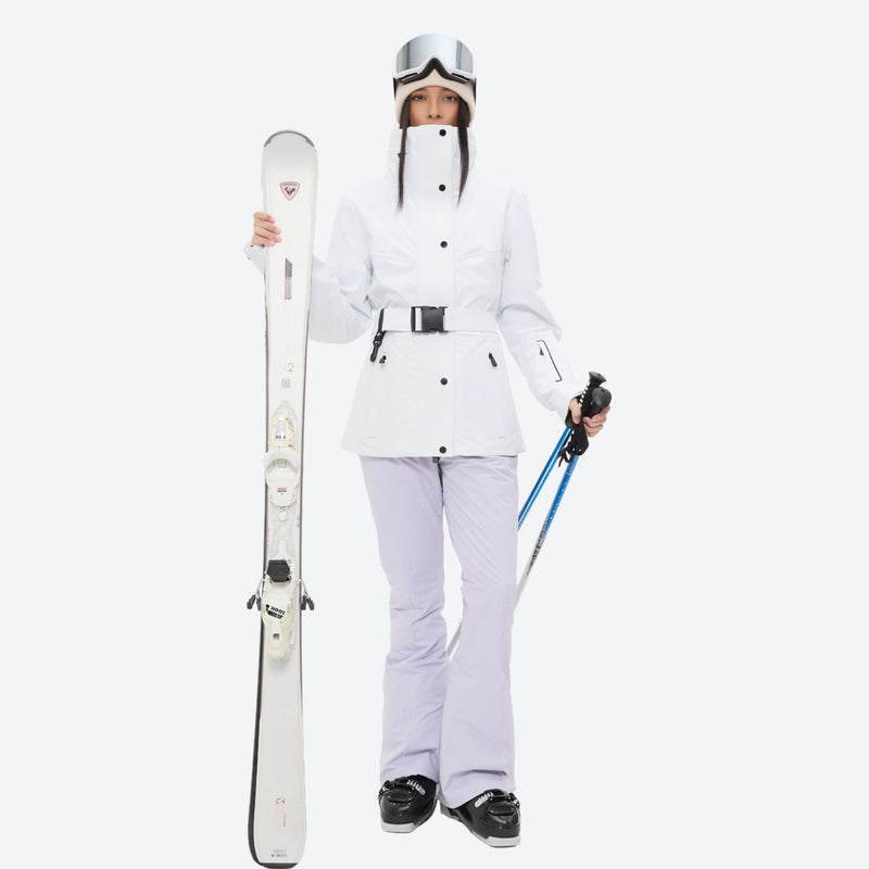 Women's belted snow jacket with suspender pants - white jacket with lavender pants, for skiing and snowboarding