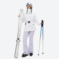 
                  
                    Women's waterproof 3L ski jacket and pants set - white jacket with lavender pants, for snowy mountain travel
                  
                