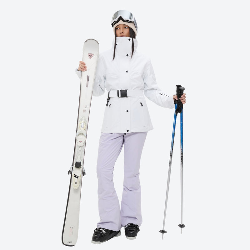 Women's waterproof 3L ski jacket and pants set - white jacket with lavender pants, for snowy mountain travel