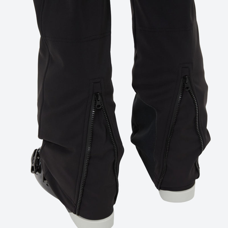 Women's fur trim hood snow jacket with suspender bibs - black bib pants, for skiing and snowboarding