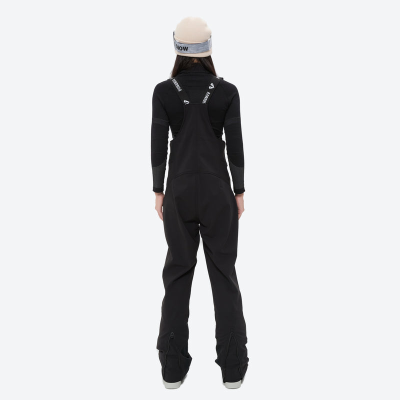 Women's waterproof 3L ski jacket and bib pants series - black bib pants, on-model back view, for skiing and snowboarding