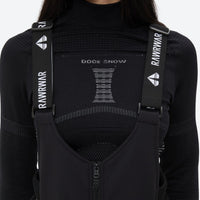 
                  
                    Women's fur trim hood snow jacket with suspender bibs - black bib pants, for resort and cross-country days
                  
                