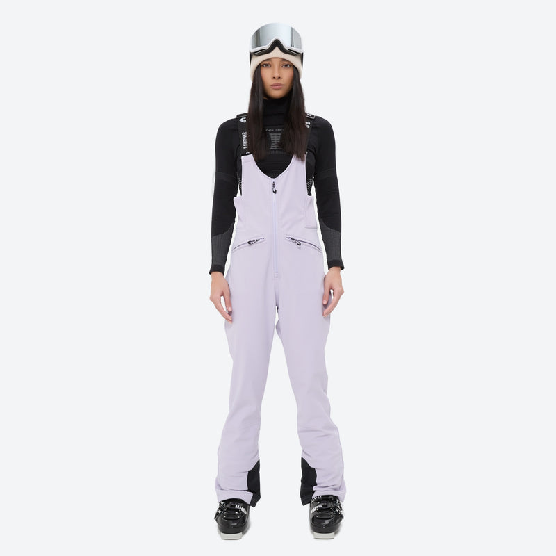 Women's fur trim hood snow jacket with suspender bibs - lavender bib pants, for cold-weather winter sports