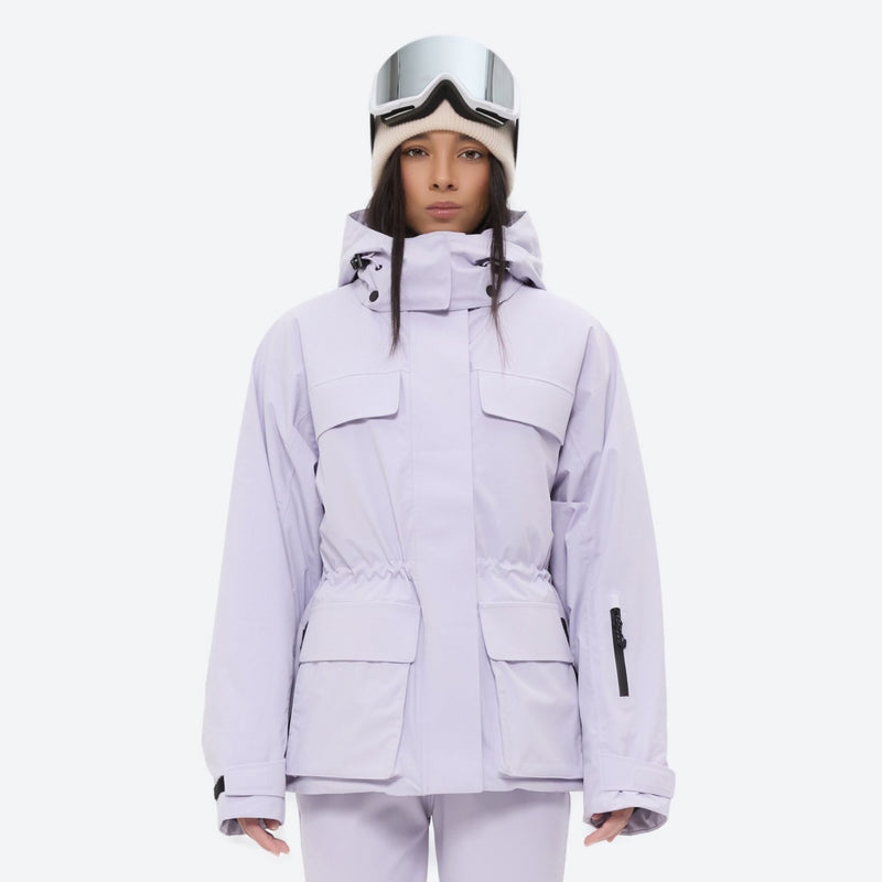Women's fur trim hood snow jacket with suspender bibs - lavender, on-model front view, for skiing and snowboarding