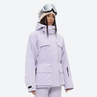 
                  
                    Women's fur trim hood snow jacket with suspender bibs - lavender, for snowy mountain travel
                  
                