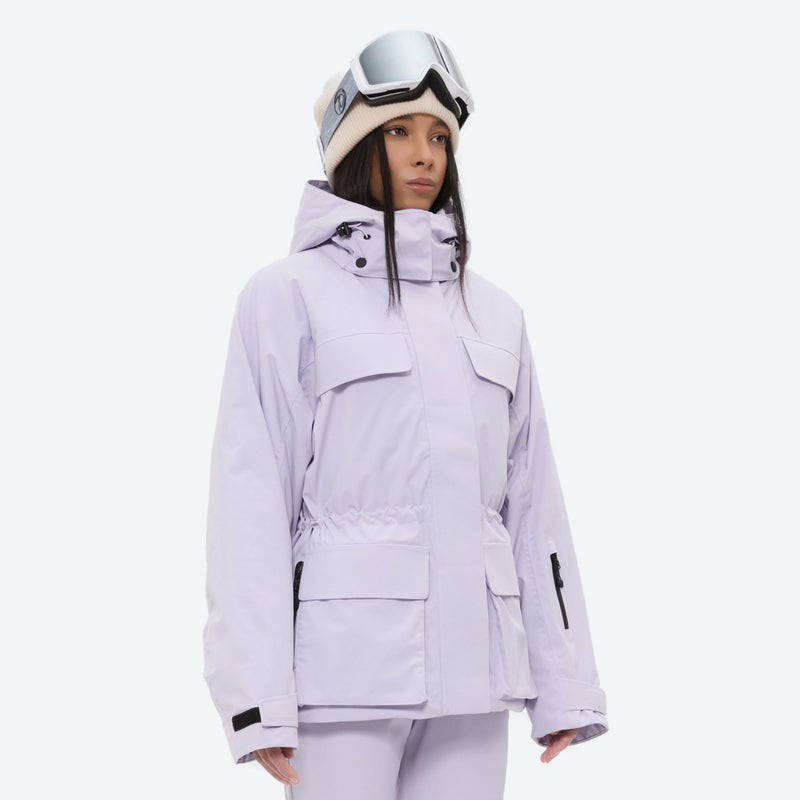 Women's fur trim hood snow jacket with suspender bibs - lavender, for snowy mountain travel