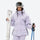 Women's 3-layer breathable ski suit set - lavender, front with upright skis and poles, for resort and cross-country days