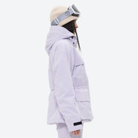 
                  
                    Women's 3-layer breathable ski suit set - lavender, on-model hood side view, for skiing and snowboarding
                  
                