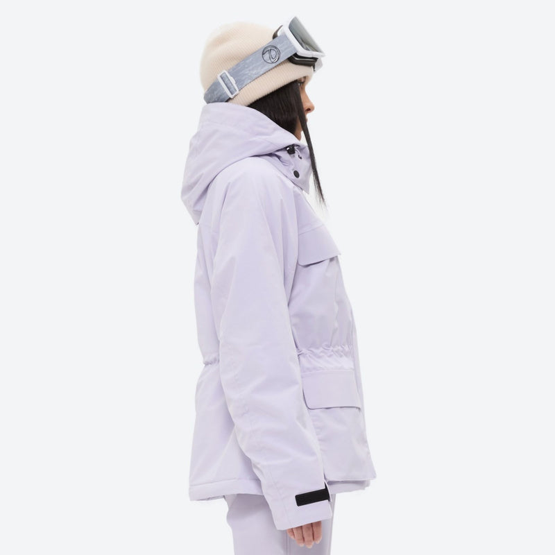 Women's 3-layer breathable ski suit set - lavender, on-model hood side view, for skiing and snowboarding