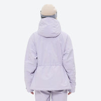 
                  
                    Women's waterproof 3L ski jacket and bib pants series - lavender, on-model back hood view, for resort and cross-country days
                  
                