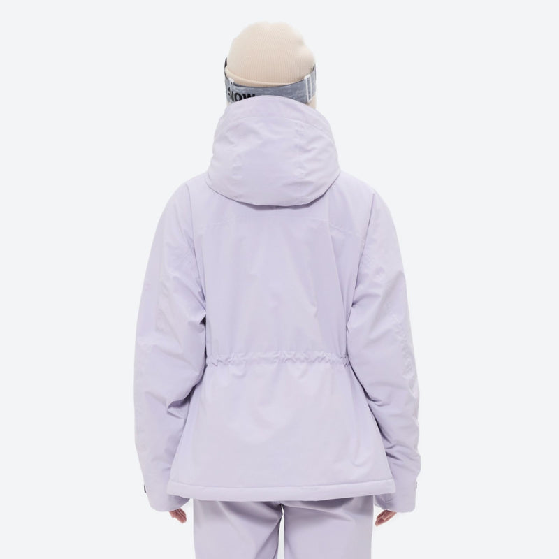 Women's waterproof 3L ski jacket and bib pants series - lavender, on-model back hood view, for resort and cross-country days