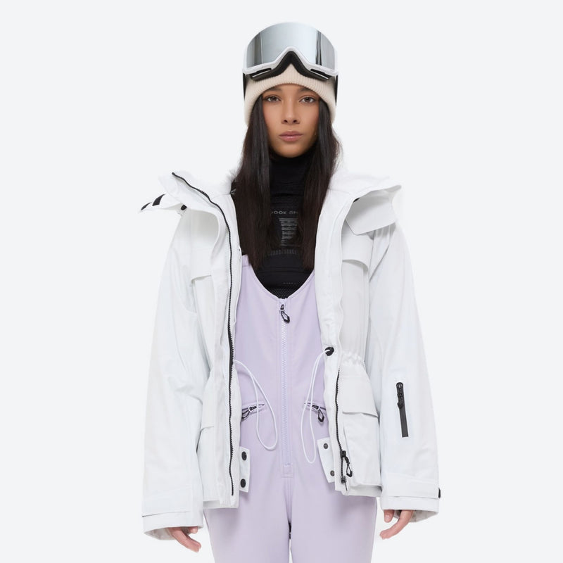 Women's waterproof 3L ski jacket and bib pants series - white jacket with lavender bib pants, for skiing and snowboarding