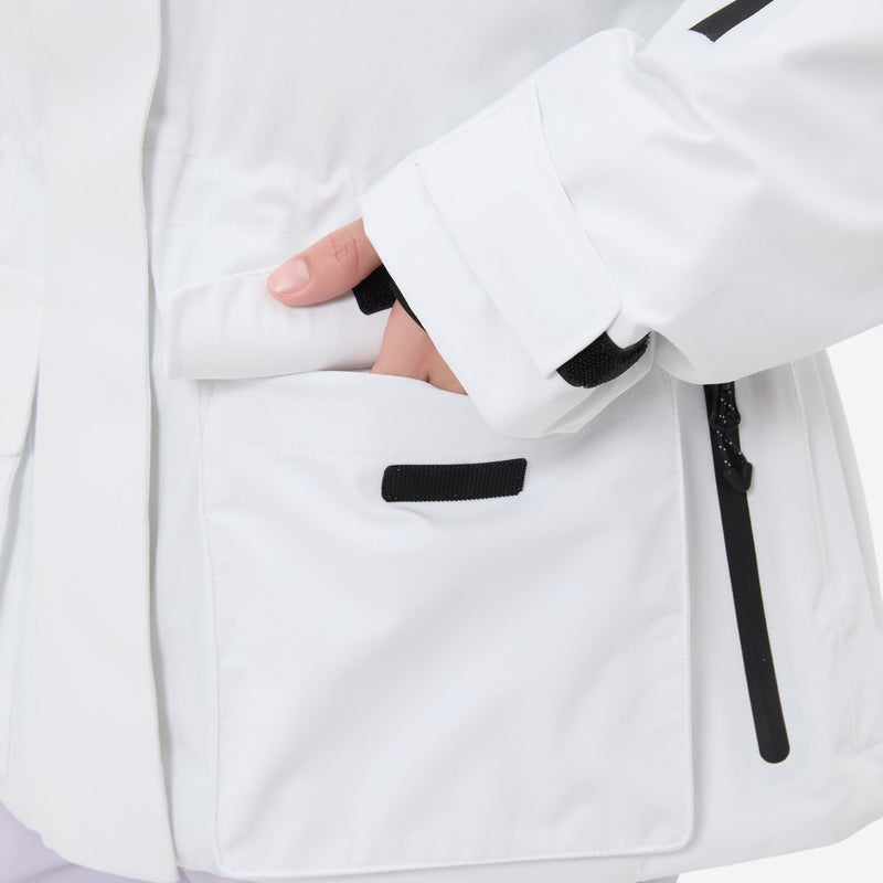 Women's 3-layer breathable ski suit set - white, side pocket close-up with hand, for skiing and snowboarding