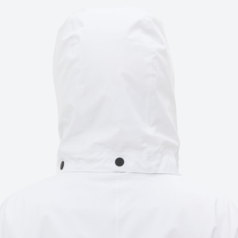 Women's 3-layer breathable ski suit set - white, back hood close-up detail, for resort and cross-country days