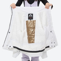 
                  
                    Women's fur trim hood snow jacket with suspender bibs - white, interior lining open flat detail, fur trim hood blocks wind
                  
                