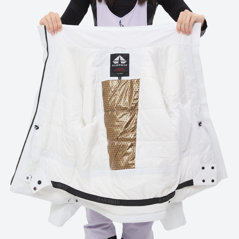 Women's fur trim hood snow jacket with suspender bibs - white, interior lining open flat detail, fur trim hood blocks wind