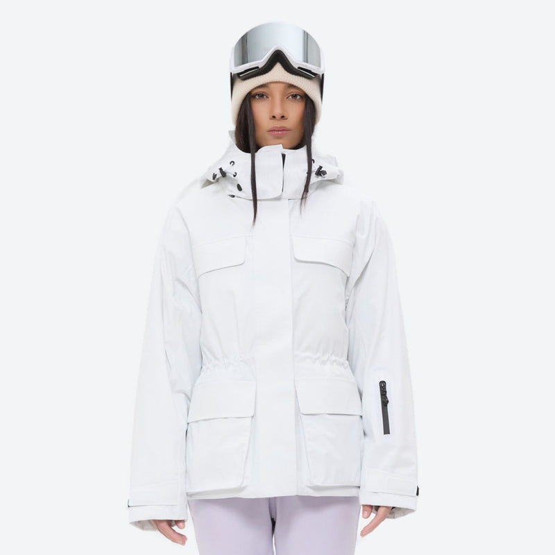 Women's fur trim hood snow jacket with suspender bibs - white, for cold-weather winter sports