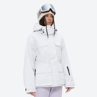 
                  
                    Women's fur trim hood snow jacket with suspender bibs - white, for resort and cross-country days
                  
                