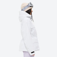 
                  
                    Women's 3-layer breathable ski suit set - white, on-model hood side view, for cold-weather winter sports
                  
                