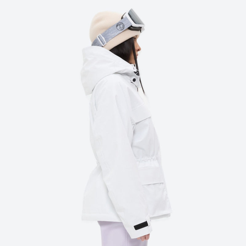 Women's 3-layer breathable ski suit set - white, on-model hood side view, for cold-weather winter sports