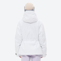 
                  
                    Women's waterproof 3L ski jacket and bib pants series - white, on-model back hood view, for snowy mountain travel
                  
                