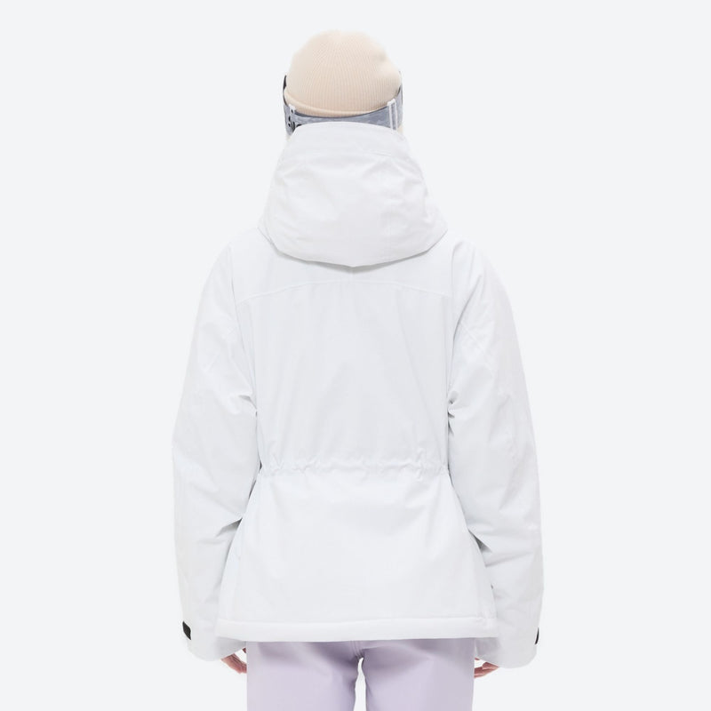Women's waterproof 3L ski jacket and bib pants series - white, on-model back hood view, for snowy mountain travel
