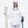 Women's 3-layer breathable ski suit set - white, front with upright skis and poles, for snowy mountain travel