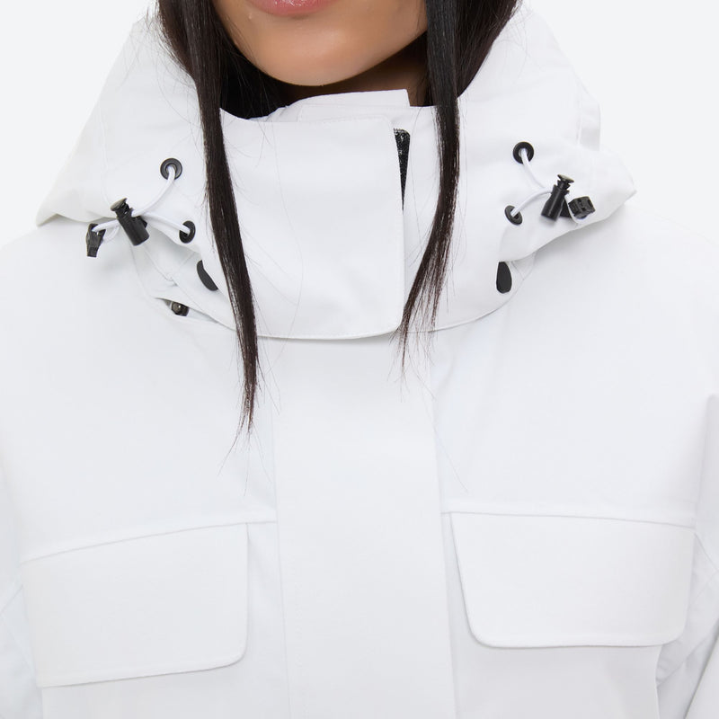Women's waterproof 3L ski jacket and bib pants series - white, collar close-up detail, for cold-weather winter sports